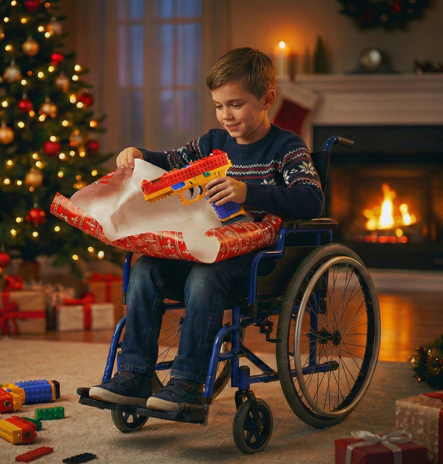 Child in a wheelchair playing with a toy gun in a festive living room.