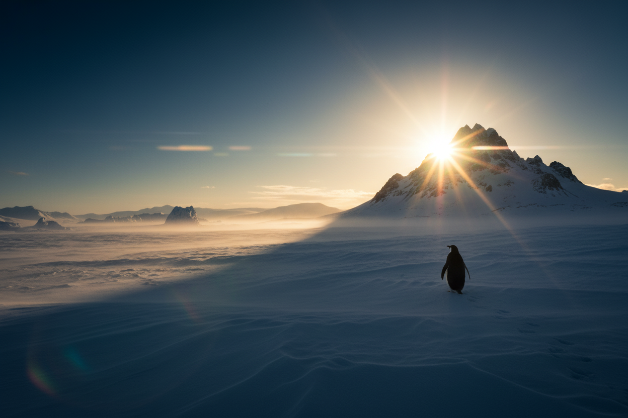 could u move the penguin the the right side and also the mountin. make sure the top of the peak of the mountain is shining from behind from the sun